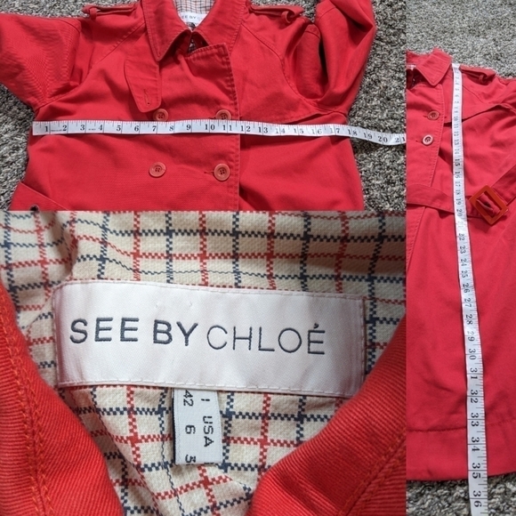 See By Chloe red belted collared cotton button closure trench coat jacket 6 - Picture 11 of 14
